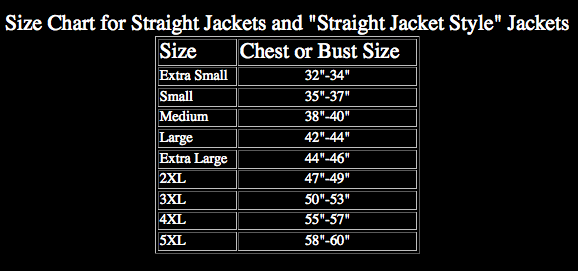 a straight jacket size chart